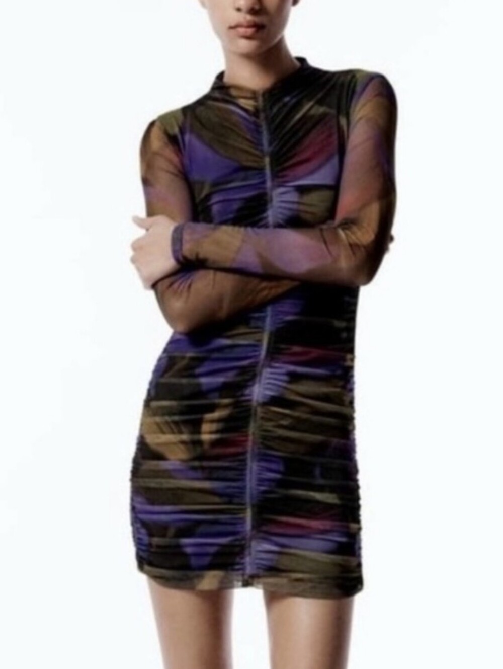 Zara NWT Womens Large Ruched Mesh Mini Dress Purple Abstract Print Long Sleeve